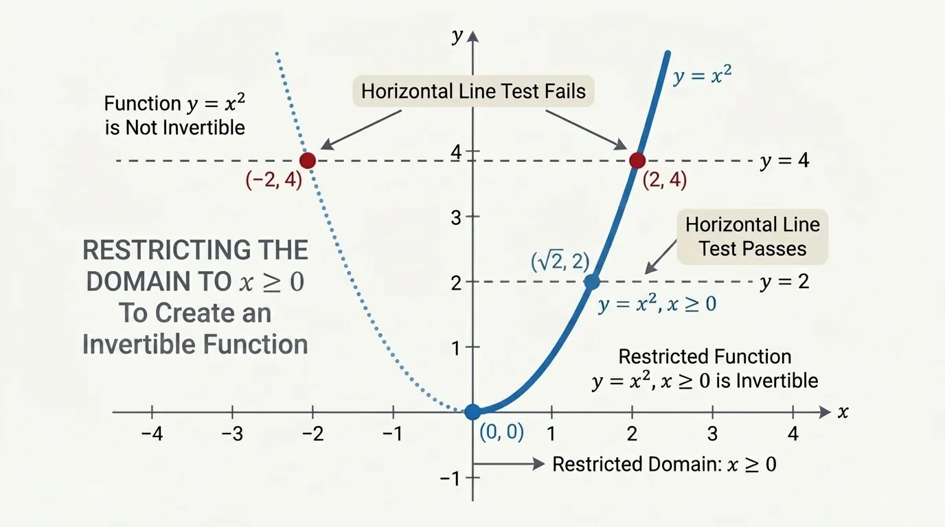 Coordinate plane showing the graph of y=x^2 with a horizontal line intersecting the parabola at two points, illustrating failure of the horizontal line test