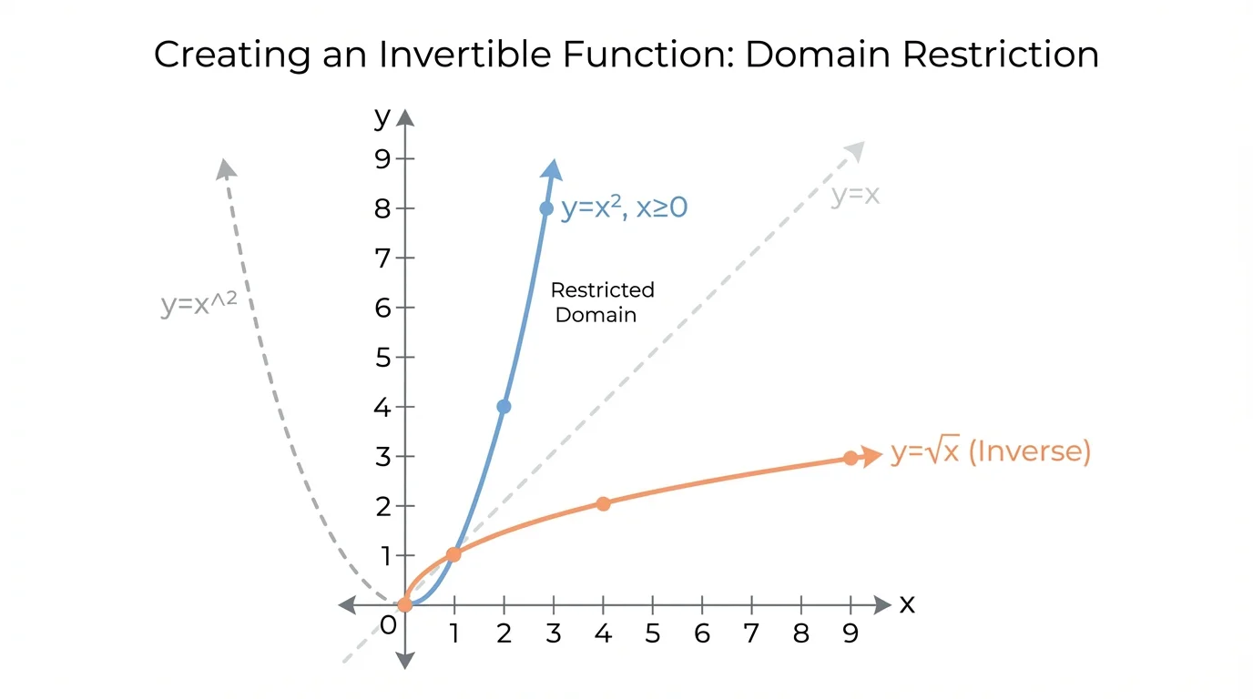 Coordinate plane showing y=x^2 restricted to x>=0, the line y=x, and y=sqrt(x) as the reflected inverse curve