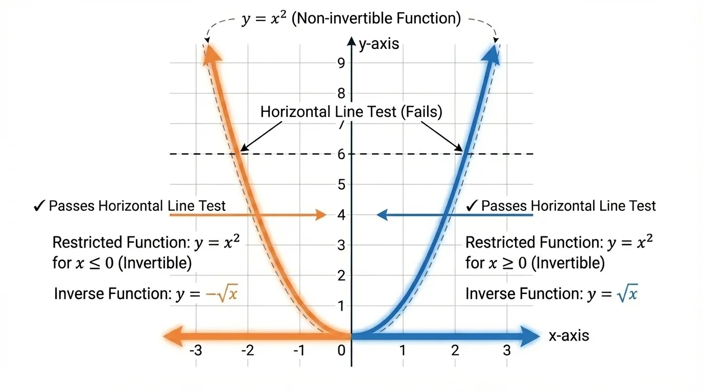 Coordinate plane with y=x^2, the right branch highlighted for x>=0 and the left branch highlighted for x<=0, showing two possible domain restrictions