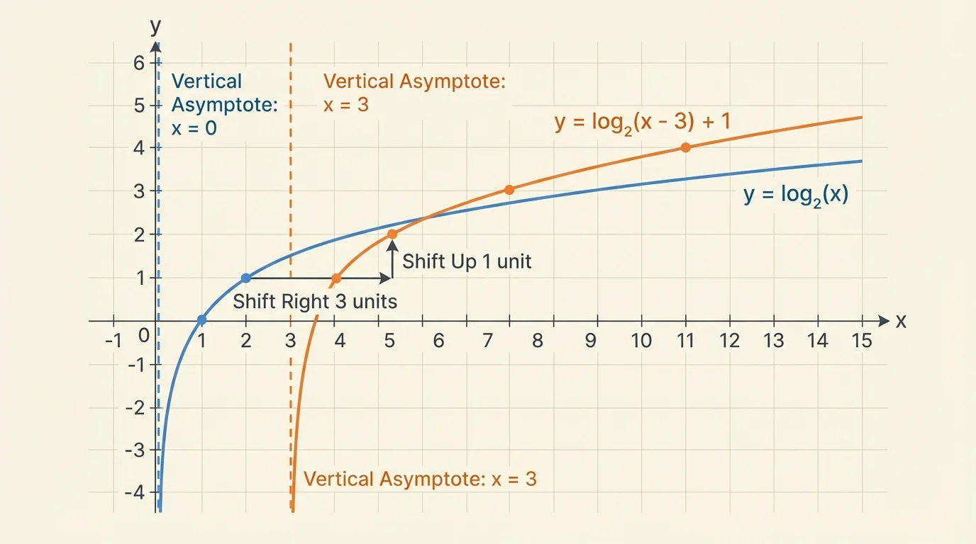 graph showing y=log_2(x) and y=log_2(x-3)+1, with asymptote lines and shift indicated