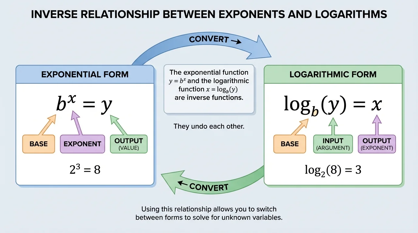 chart-style diagram linking exponential form and logarithmic form with base, exponent, and output labeled