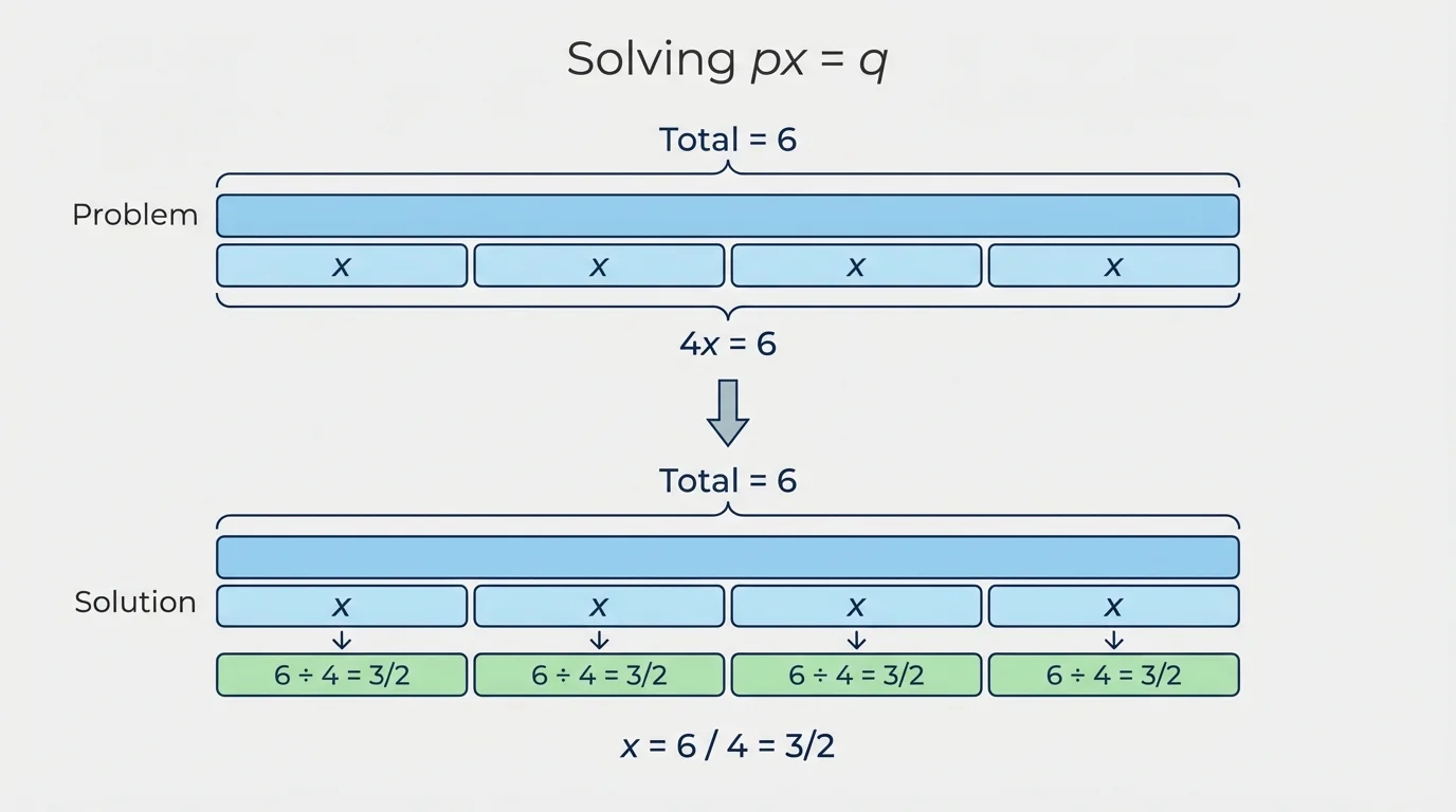 Four equal boxes making a total of 6, then the total split into 4 equal parts so each box equals three-halves