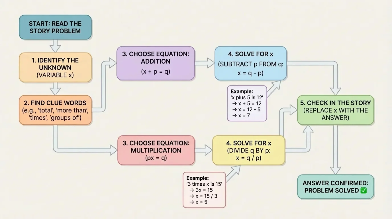 Flowchart with steps identify the unknown, find clue words, choose addition or multiplication equation, solve, and check in the story