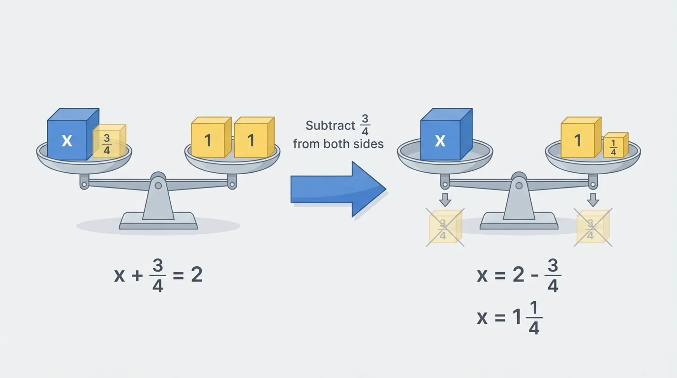 Balance scale with one side showing an unknown box plus three-fourths and the other side showing 2, then both sides reduced by three-fourths to isolate the unknown box