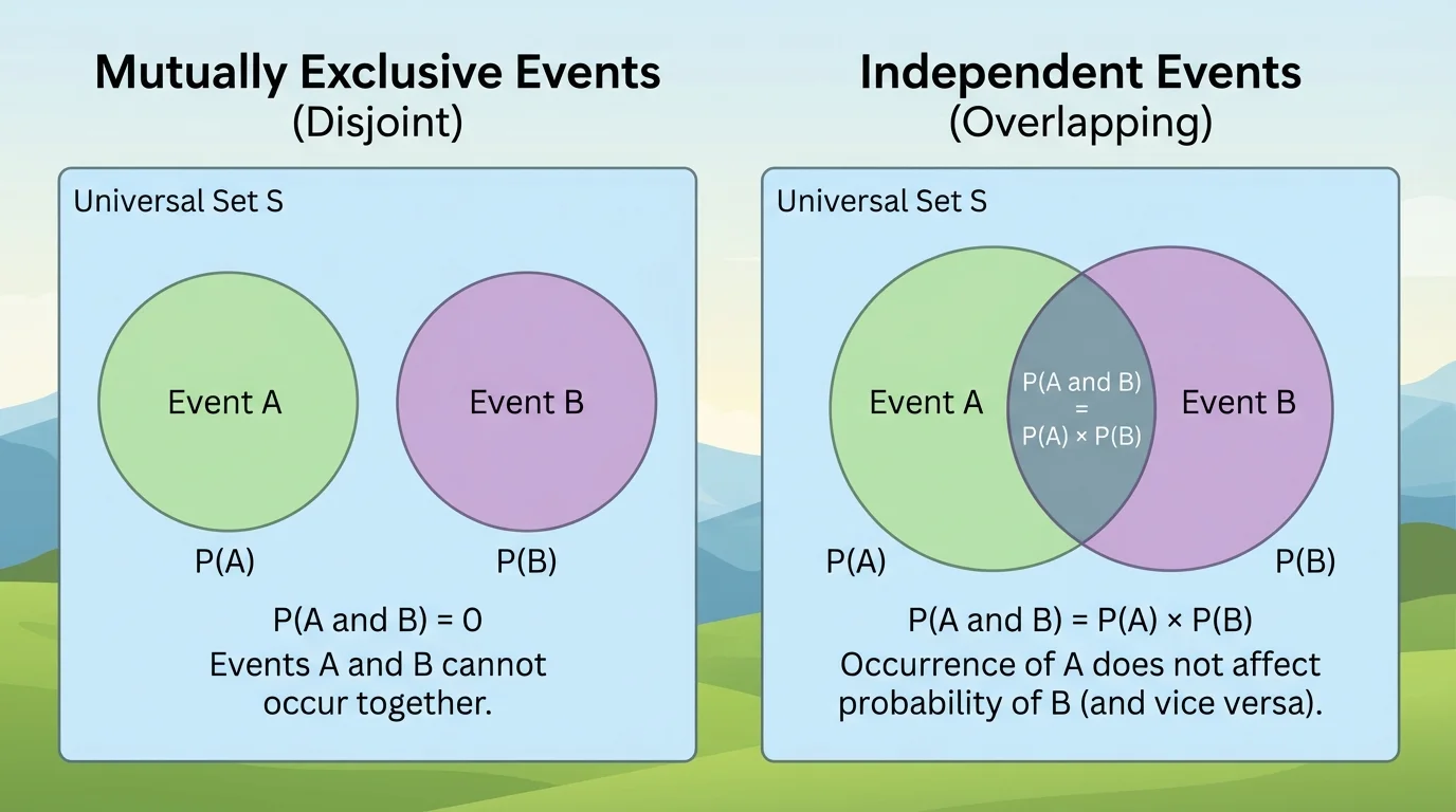 Side-by-side Venn diagrams comparing mutually exclusive events with no overlap and independent events with overlap