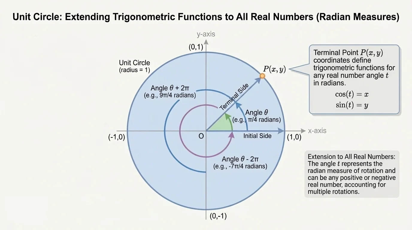Unit circle with three coterminal angles making different numbers of rotations but ending at the same terminal point
