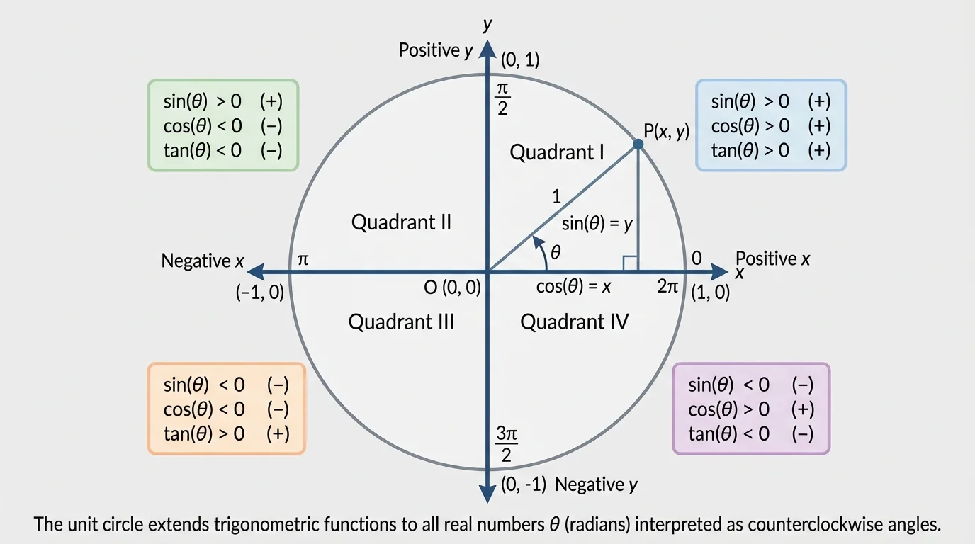 Unit circle divided into four quadrants showing positive and negative x and y coordinates with sign patterns for sine, cosine, and tangent in each quadrant