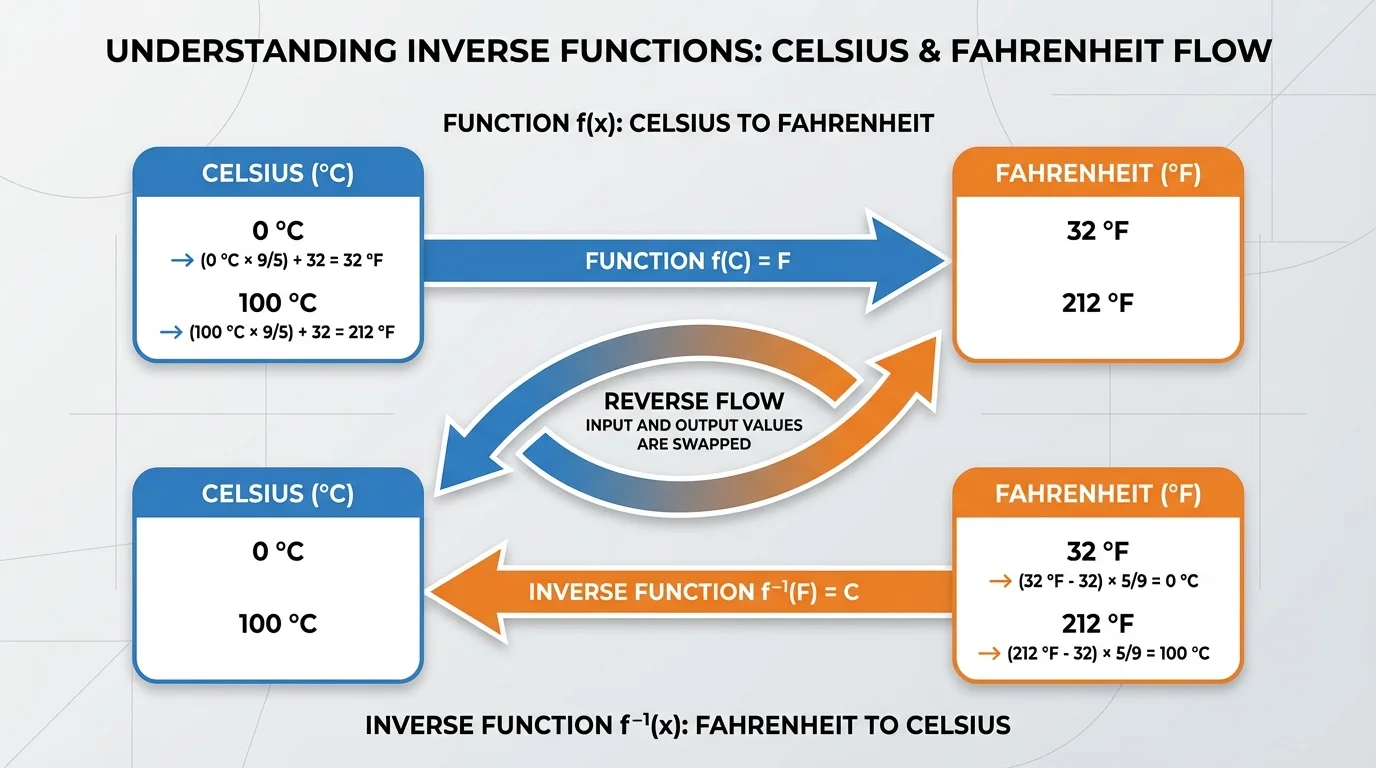 Flow diagram showing Celsius to Fahrenheit as one function and Fahrenheit back to Celsius as the inverse, with example values reversing