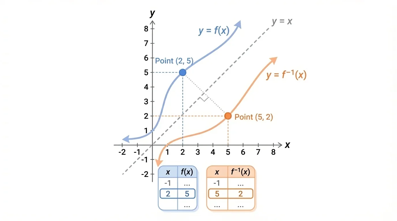 Coordinate plane with a function, its inverse, and the line y=x, highlighting corresponding points like (2,5) and (5,2)