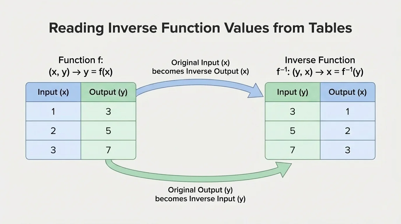 Two side-by-side tables, one for a function and one for its inverse, with arrows showing x and y values switching places