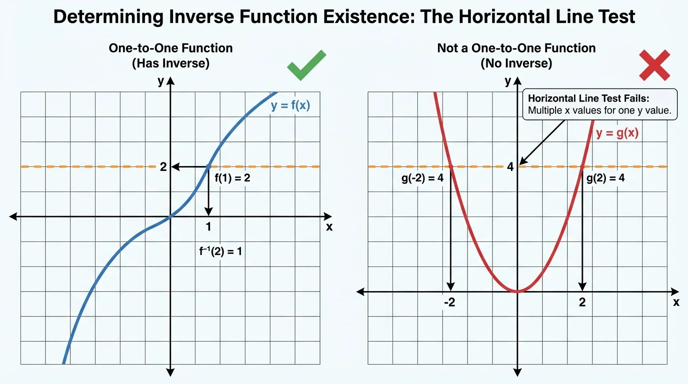 Graph of a one-to-one increasing function and a non-one-to-one parabola, with horizontal lines showing why only one has an inverse function