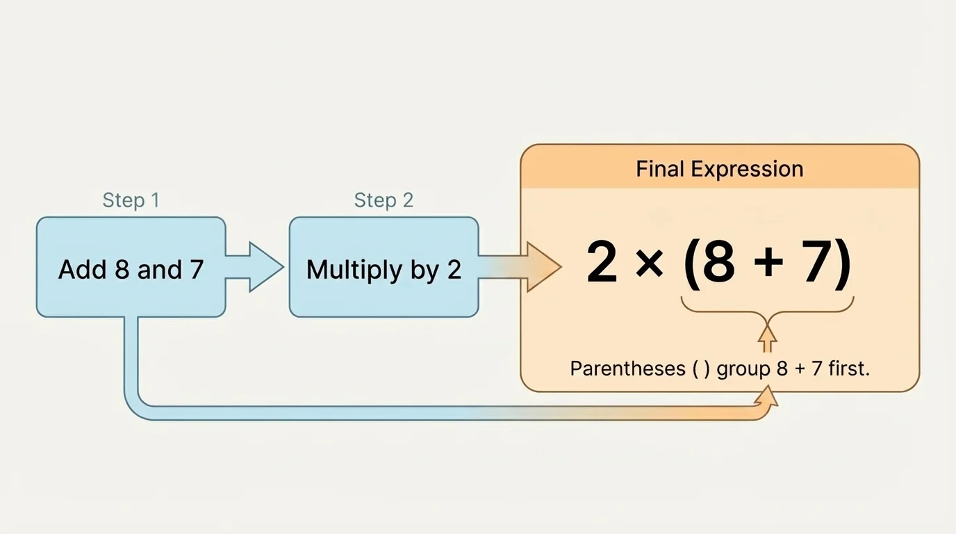 flowchart with phrase boxes "add 8 and 7" then "multiply by 2," leading step by step to a grouped numerical expression with the addition grouped before multiplication