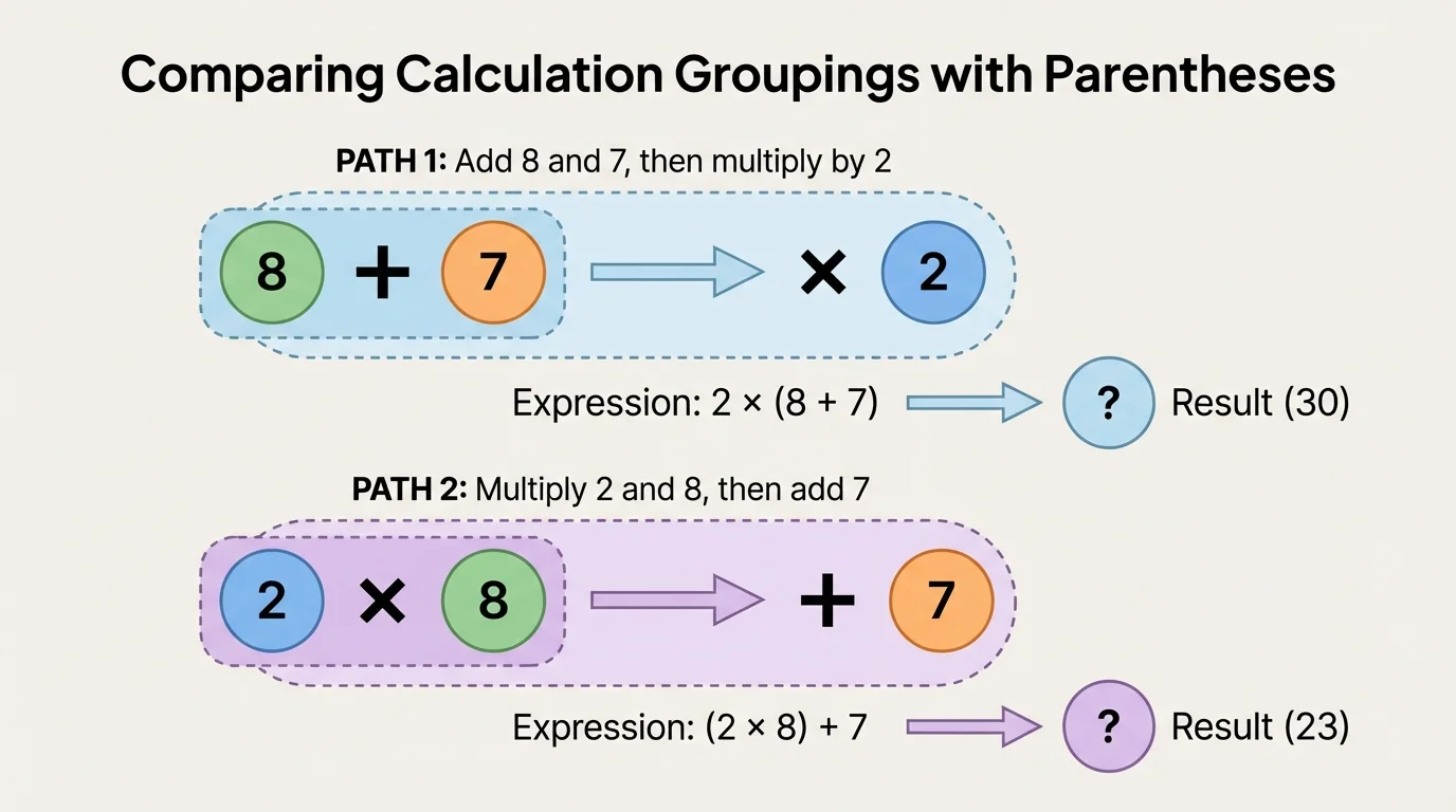 diagram comparing two grouped calculations with number circles 2, 8, and 7, showing one path where 8 and 7 are grouped first and another path where 2 and 8 are grouped first, with simple operation arrows
