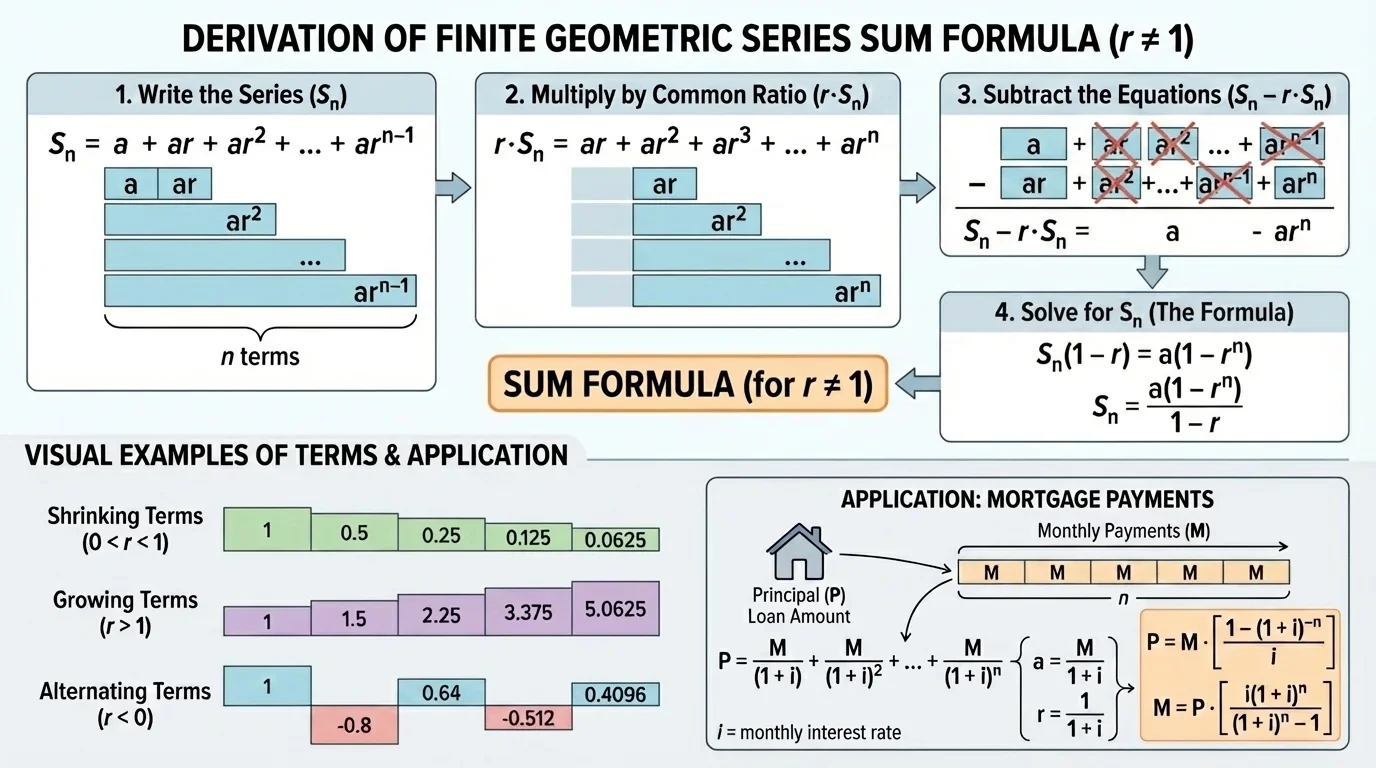 Three small term-pattern strips showing shrinking positive terms, growing positive terms, and alternating-sign terms