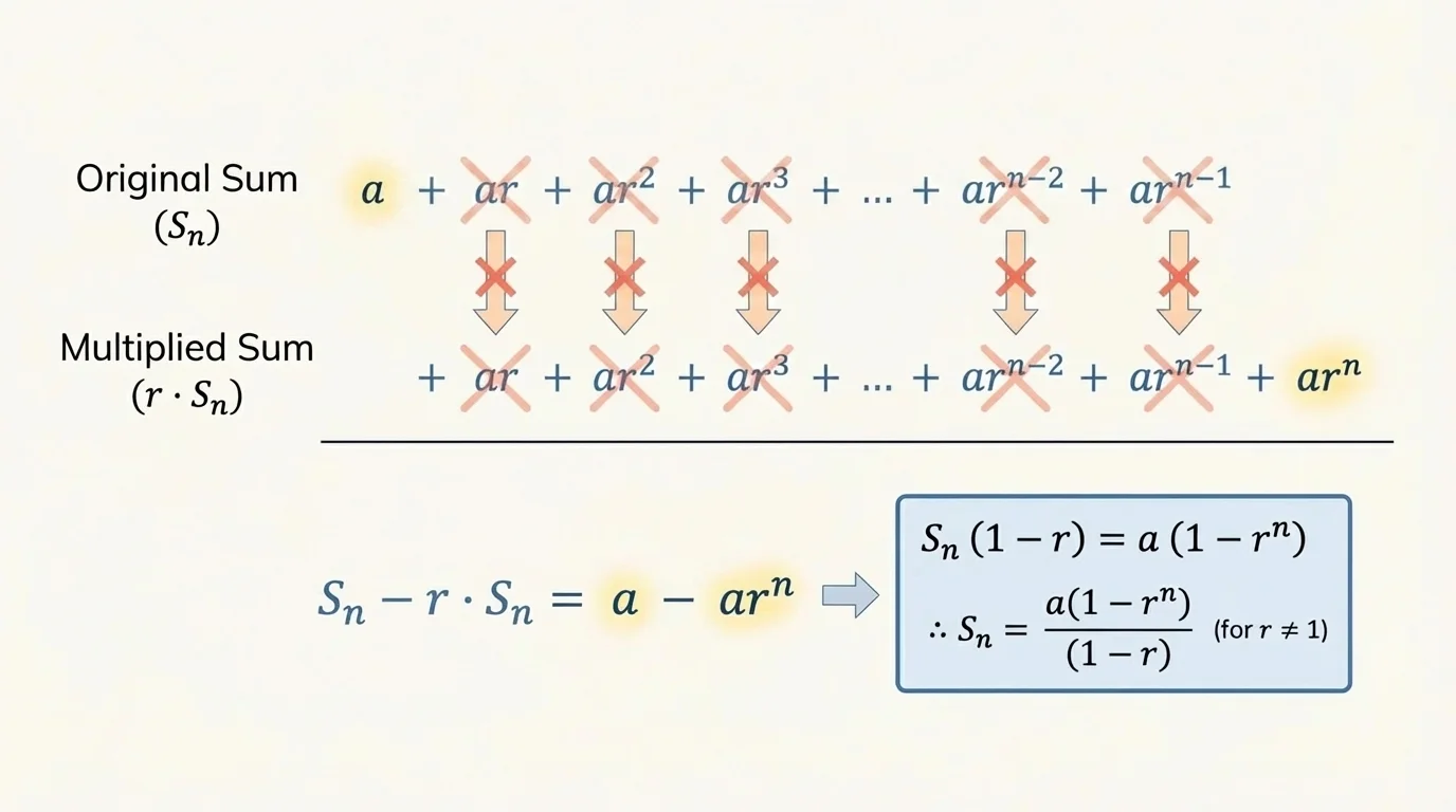 Two aligned rows of geometric-series terms with matching powers, arrows showing cancellation after subtraction