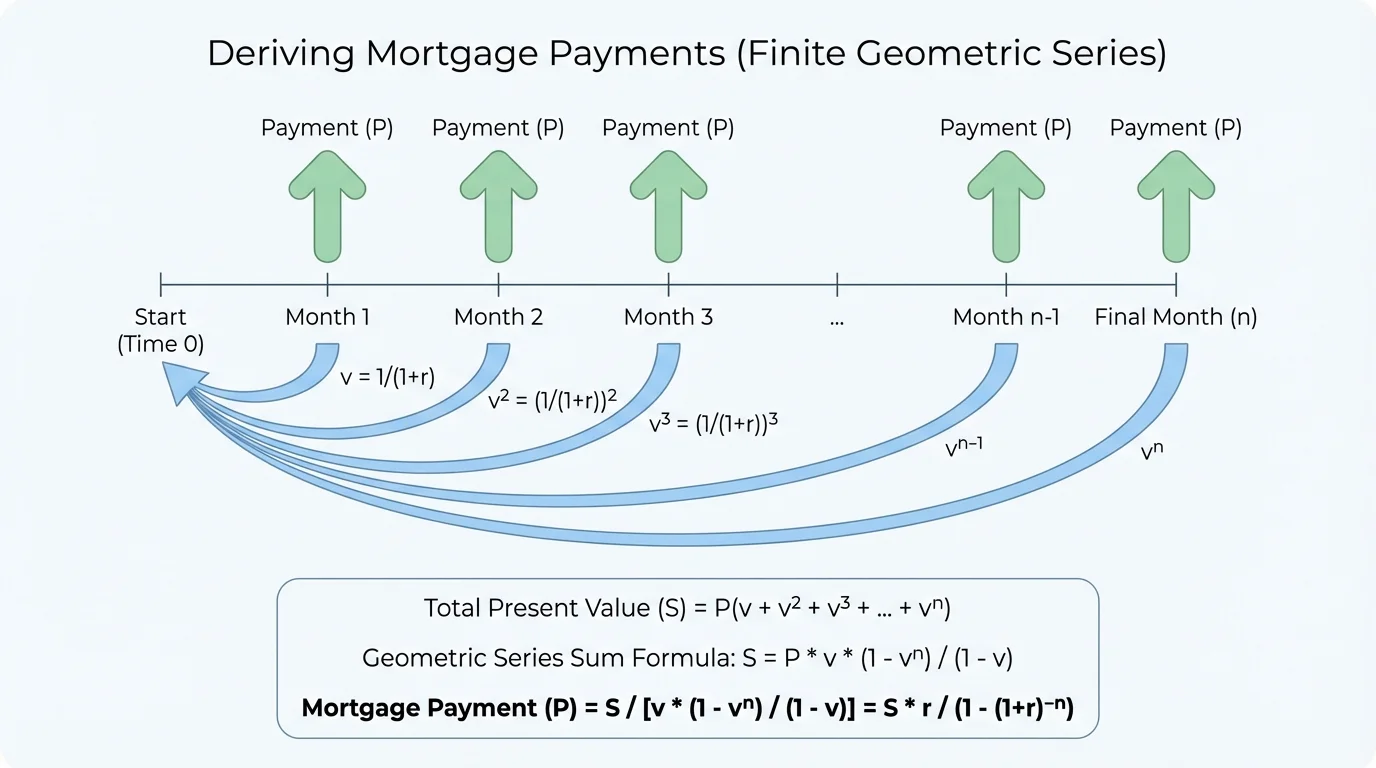 Horizontal timeline from loan start to final month with equal payment arrows and decreasing discount factors toward the present