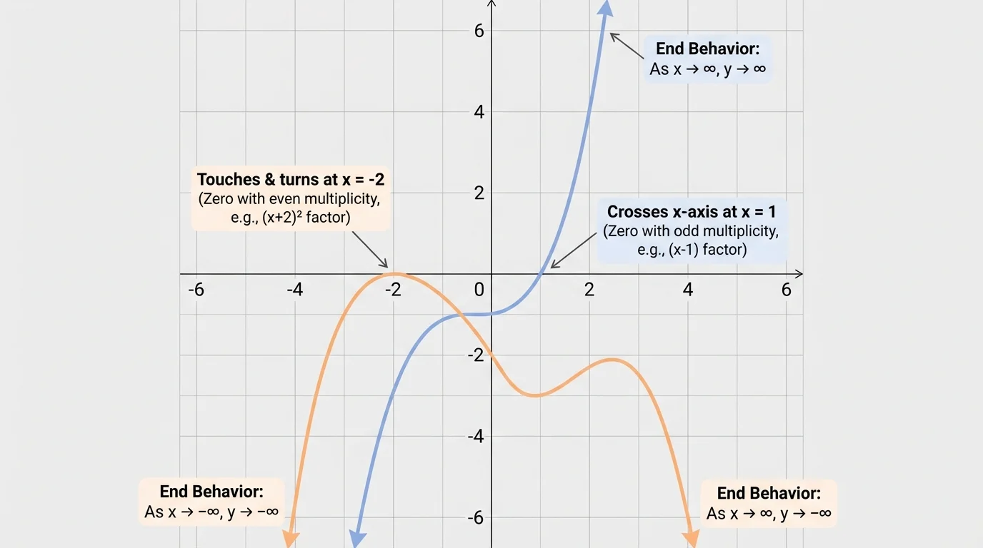 Coordinate plane comparing two polynomial behaviors, one curve crossing the x-axis at x = 1 and another touching and turning at x = -2