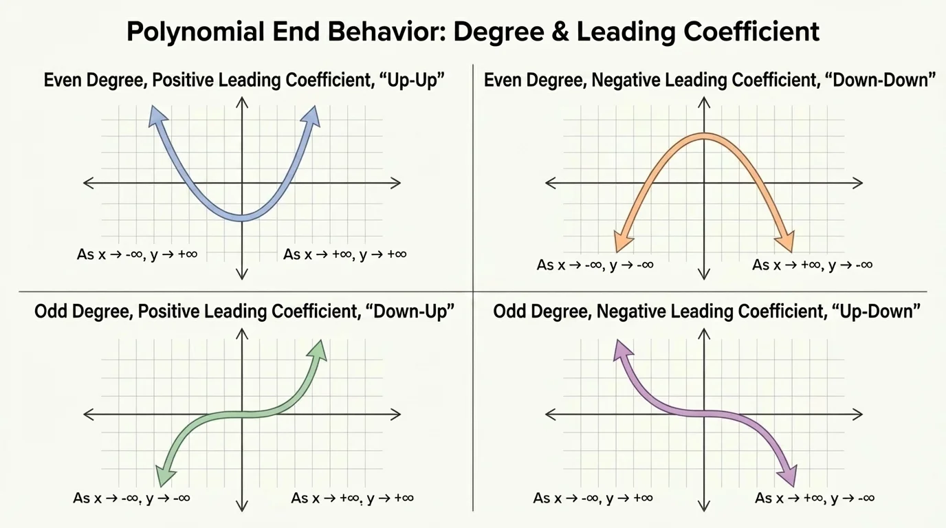 Four small coordinate-plane sketches showing polynomial end behavior cases: even positive up-up, even negative down-down, odd positive down-up, odd negative up-down