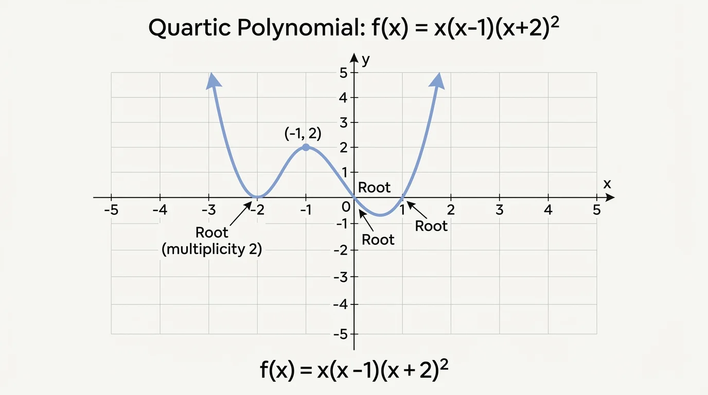 Coordinate plane with a quartic polynomial labeled at x = -2 touching the axis, crossing at x = 0 and x = 1, with arrows on both ends and one labeled point at (-1, 2)