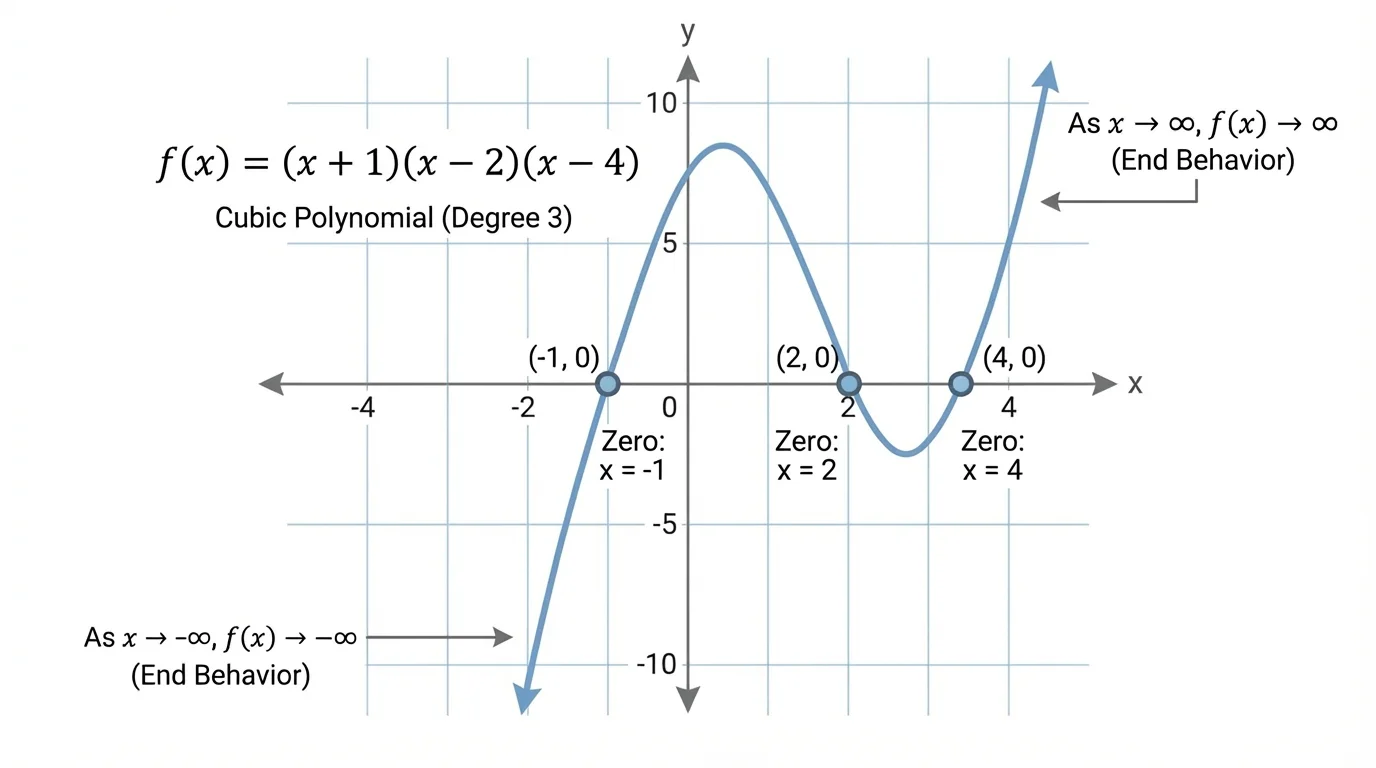 Coordinate plane showing a cubic polynomial crossing the x-axis at three labeled intercepts x = -1, x = 2, and x = 4