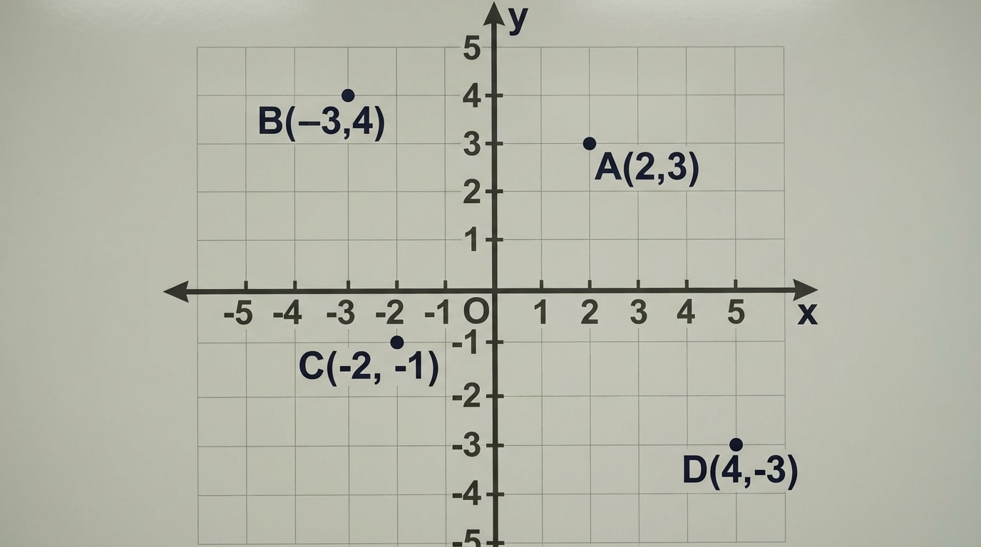 Coordinate plane with points A(2,3), B(-3,4), C(-2,-1), D(4,-3) clearly plotted and labeled in each quadrant