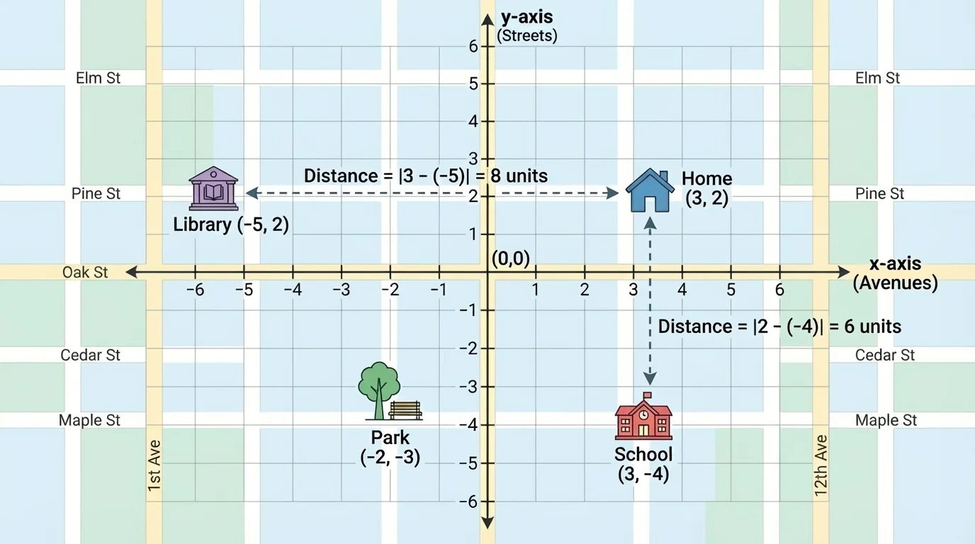 Simple city grid map with home, library, school, and park marked at coordinate points on labeled streets and avenues