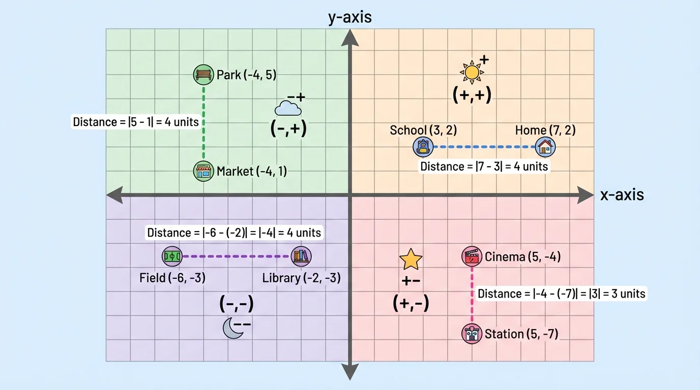 Four-quadrant coordinate plane with each quadrant lightly shaded and labeled with sign pairs (+,+), (-,+), (-,-), (+,-)