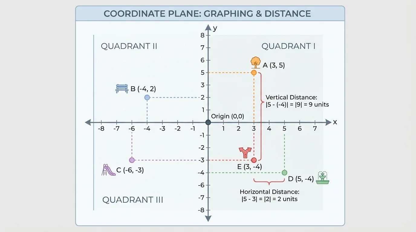 Coordinate plane with labeled x-axis, y-axis, origin, and several plotted points in different quadrants