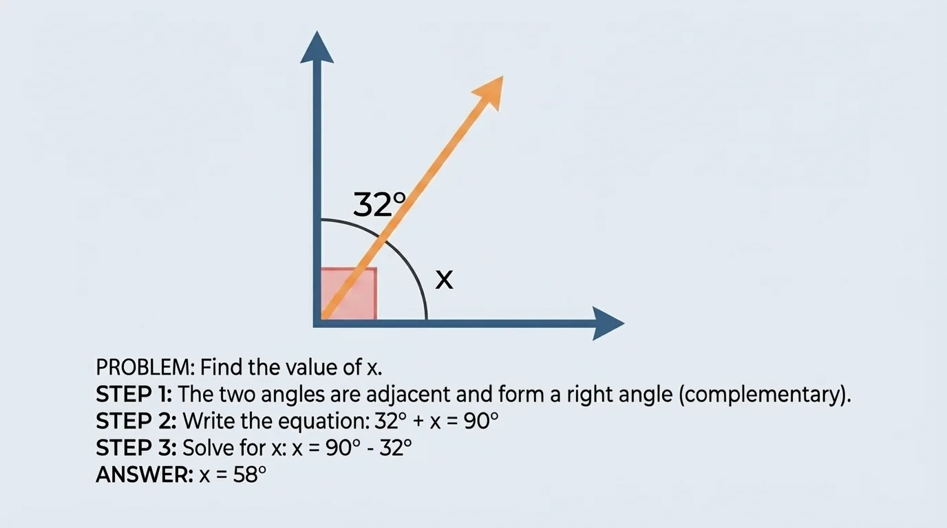 right angle with one interior ray creating adjacent angles labeled 32 degrees and x