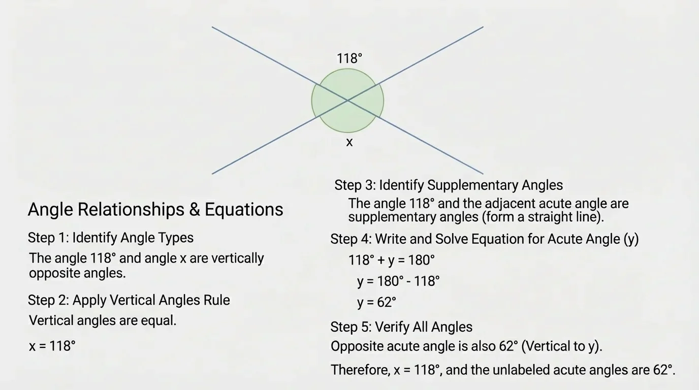 intersecting lines with one obtuse angle labeled 118 degrees, opposite angle x, neighboring acute angles unlabeled