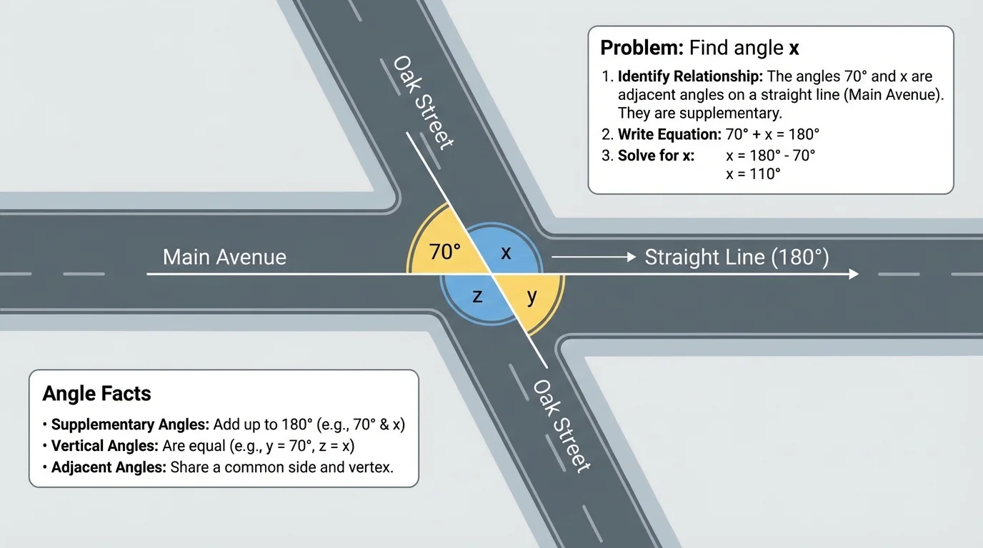 overhead view of two roads crossing, with one corner angle marked and opposite or neighboring angles indicated