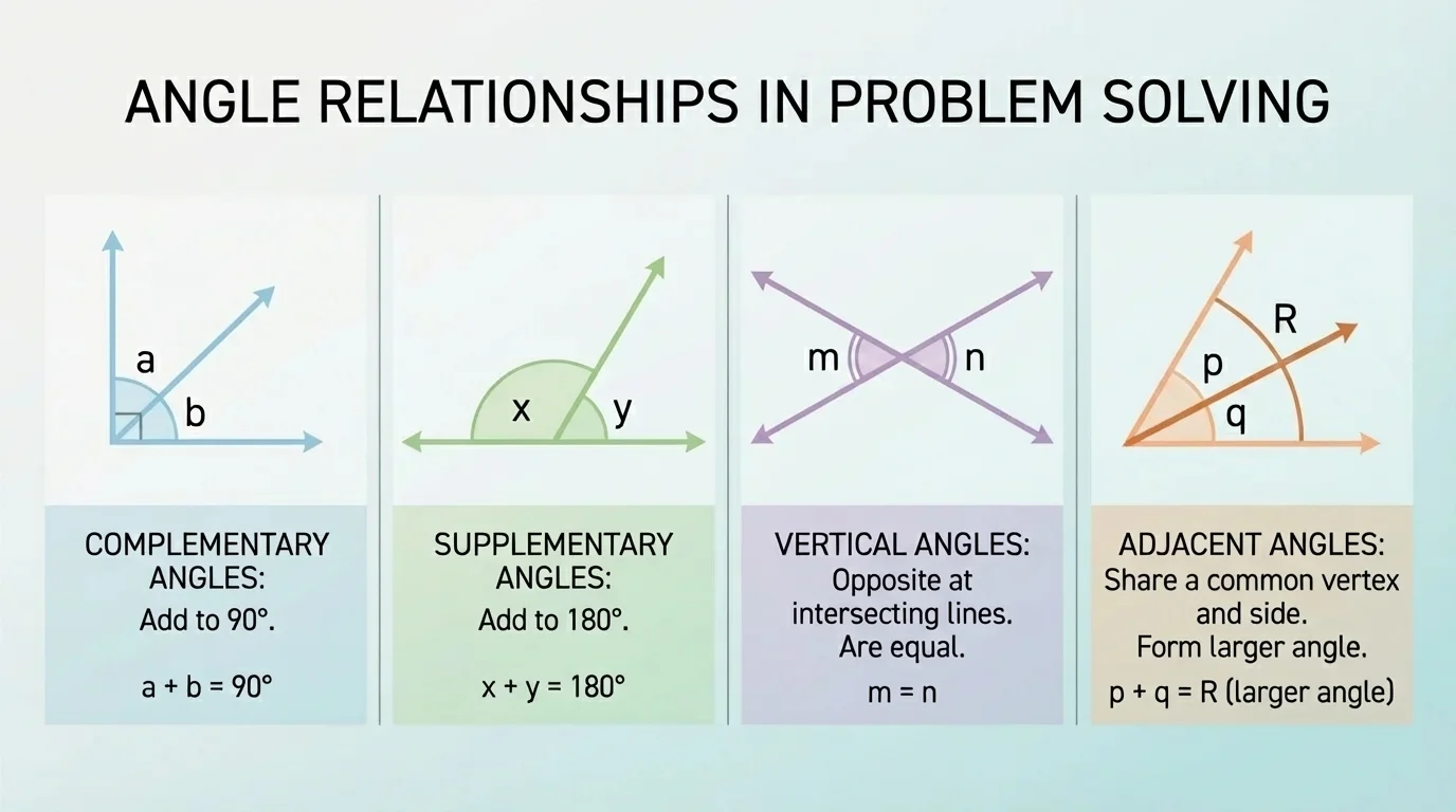 four small angle diagrams labeled complementary to 90 degrees, supplementary to 180 degrees, vertical opposite at intersecting lines, adjacent sharing a side