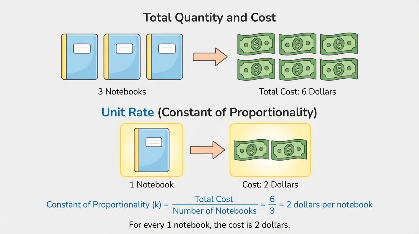 Diagram of equal groups with 3 notebooks matched to 6 dollars and one unit notebook highlighted as 2 dollars