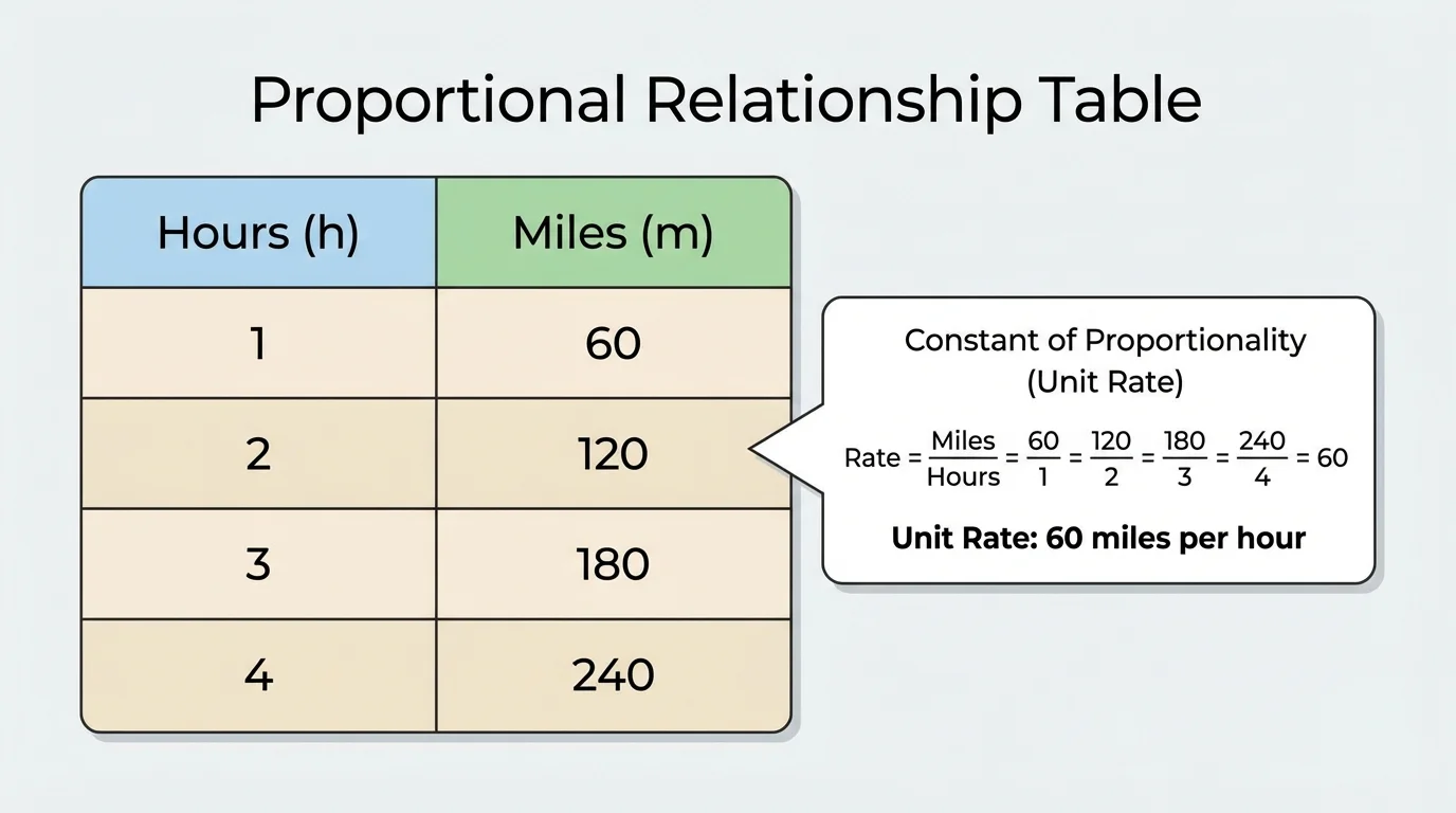 Chart showing a two-column table of hours and miles with the same miles-per-hour ratio in every row