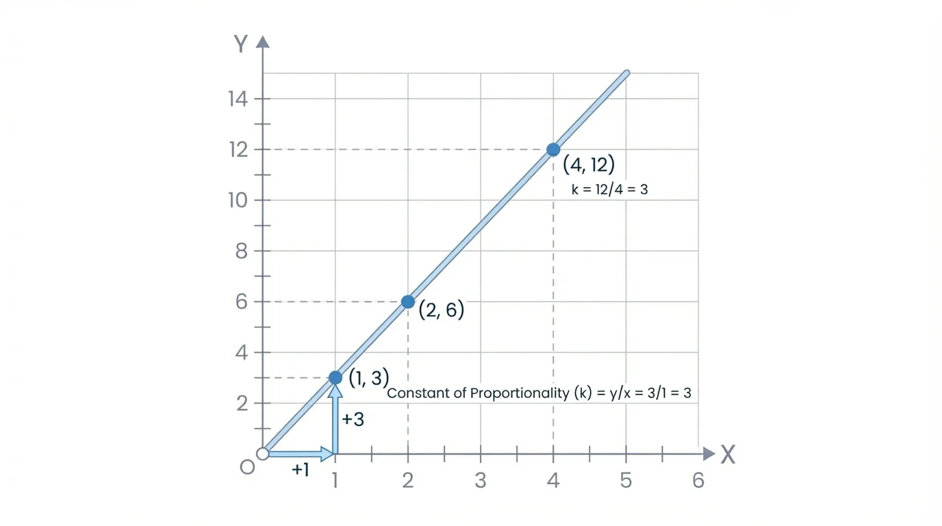 Coordinate graph with a line through the origin and points such as (1, 3), (2, 6), and (4, 12) to show constant rate
