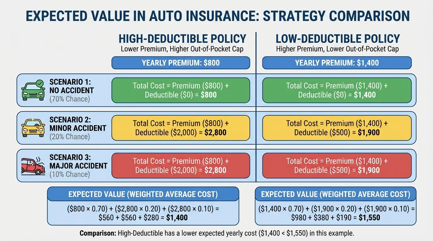 side-by-side comparison chart of high-deductible and low-deductible auto insurance policies showing yearly premium and total yearly cost for no accident, minor accident, and major accident