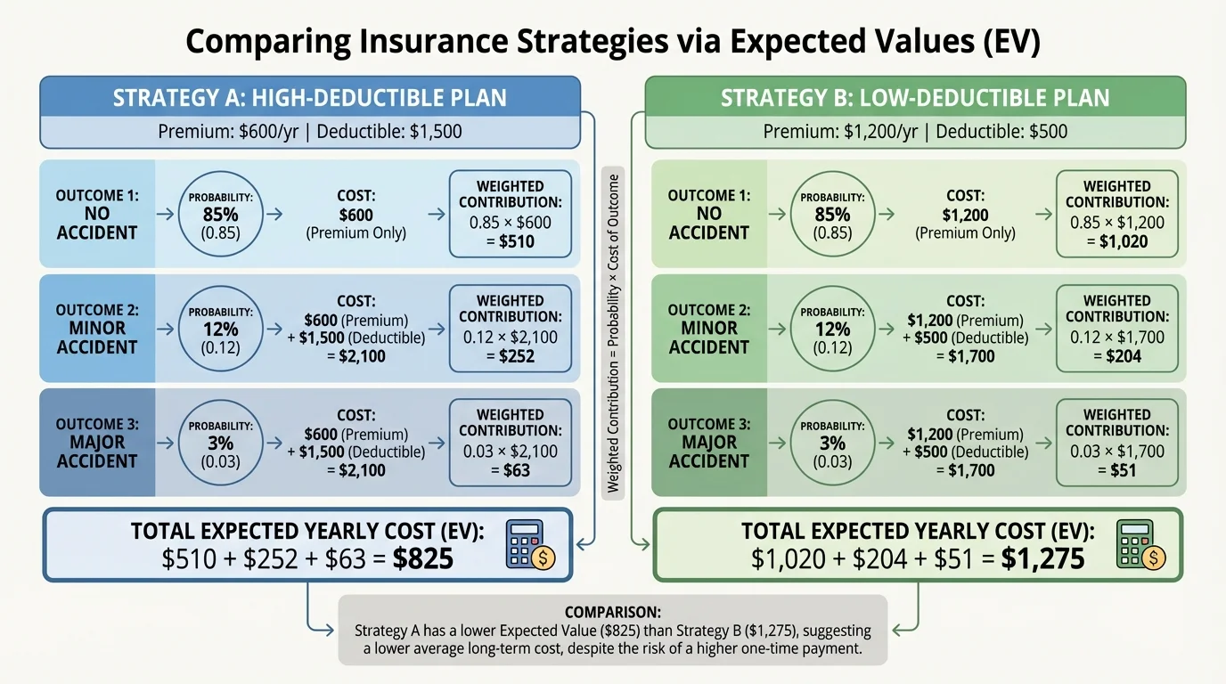 chart comparing possible outcomes, their probabilities, and weighted contributions to expected yearly cost