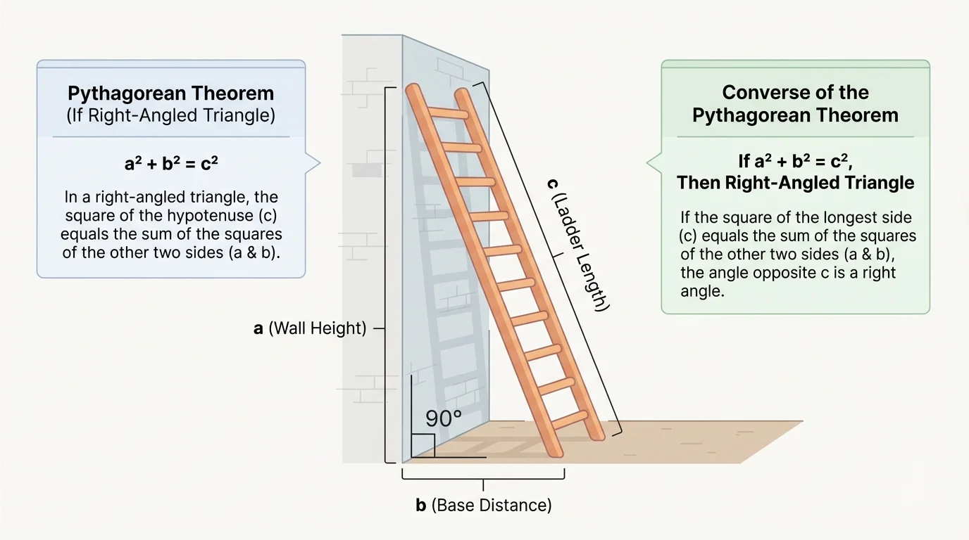 Ladder leaning against a wall, ground and wall forming a right angle, with height, base distance, and ladder length labeled