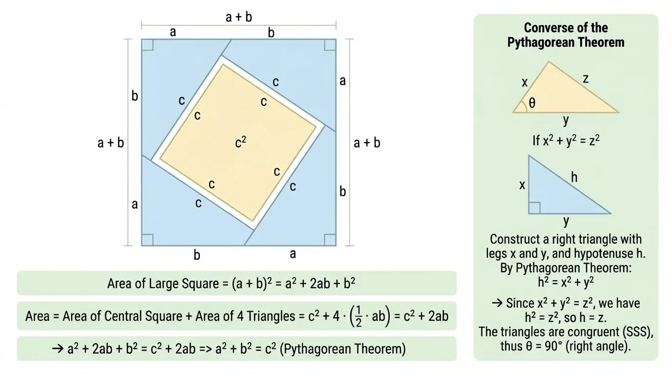Large square made from four matching right triangles arranged around a central square, with side labels showing the center square has side c