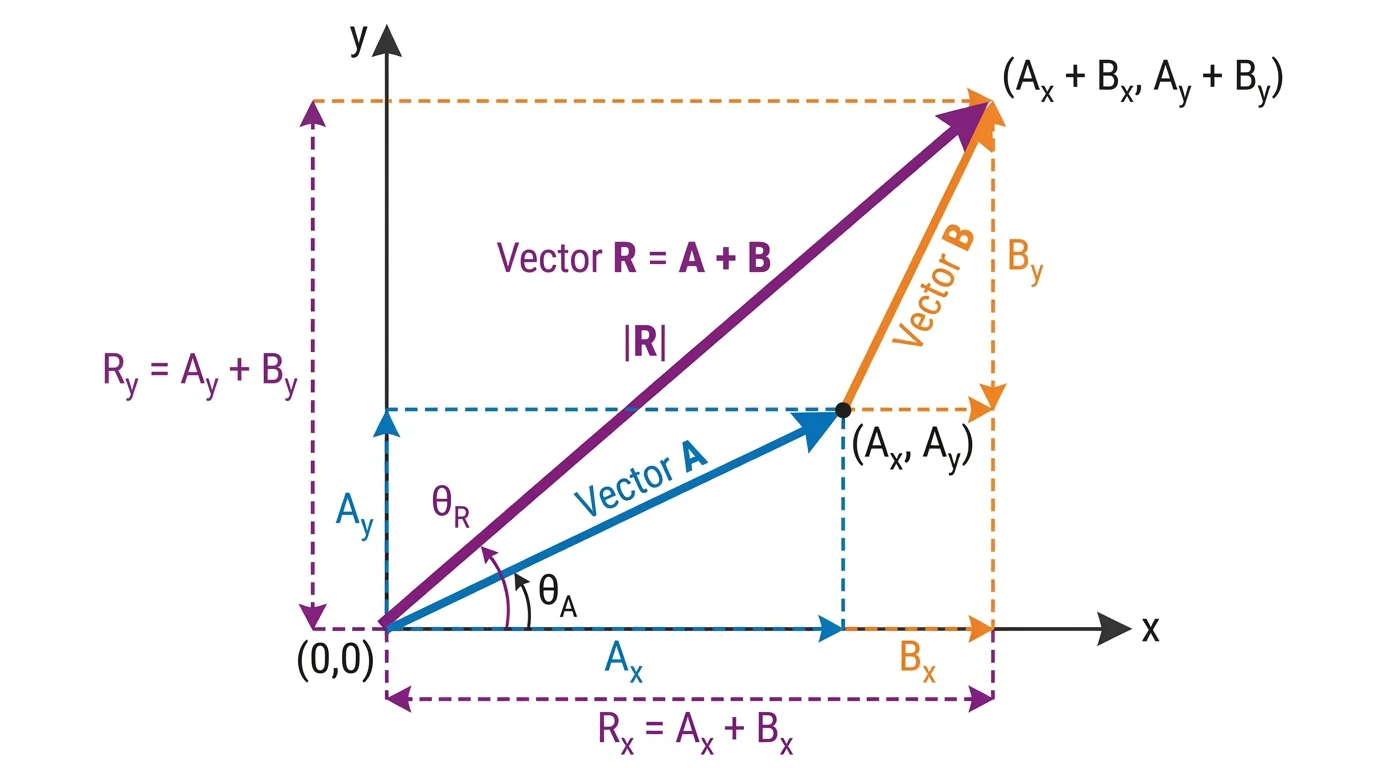 Vector in the first quadrant resolved into horizontal and vertical components, forming a right triangle on coordinate axes