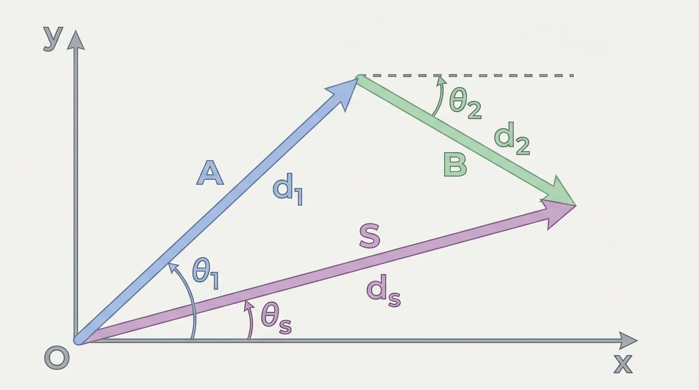 Arrow from origin on a coordinate plane with length labeled magnitude and angle measured from the positive x-axis