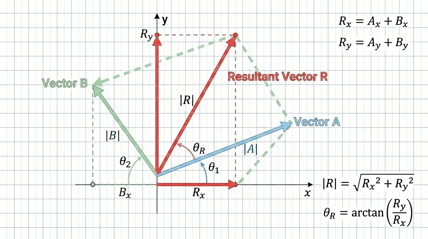 Two vectors on coordinate axes with their horizontal and vertical components added to create a resultant vector