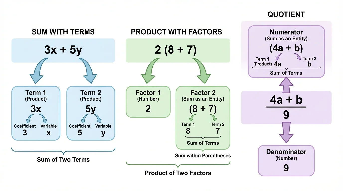 comparison diagram of three expressions with top-level parts marked, including a sum with terms, a product with factors, and a quotient with numerator and denominator