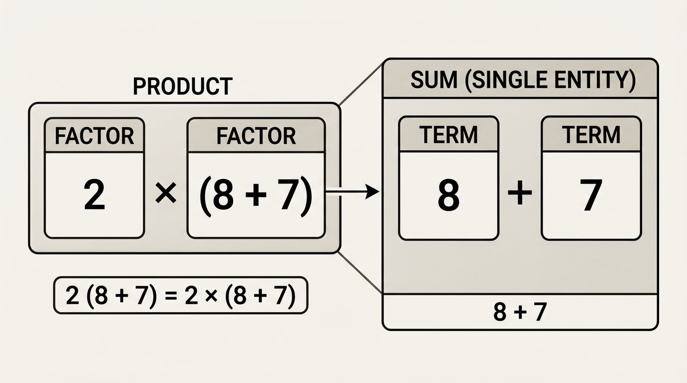 Two-part illustration: left side shows 2 and (8+7) each in a box labeled “factor” making a product; right side zooms into (8+7) showing 8 and 7 as separate boxes labeled “terms” and the whole thing as “single entity”.