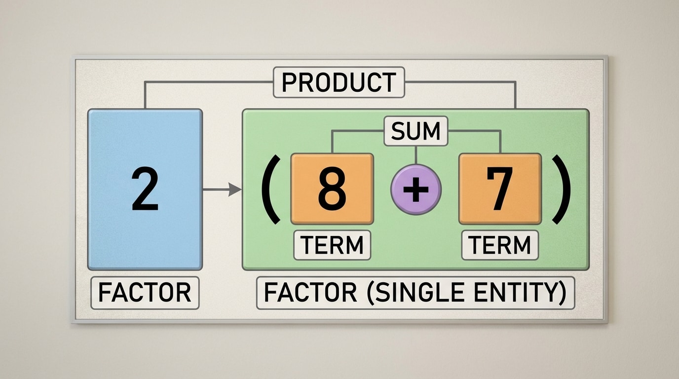 A simple block-style diagram showing an expression like 2(8+7) with brackets highlighting 2 as one factor and (8+7) as the other factor, plus labels for sum, product, factor, term.