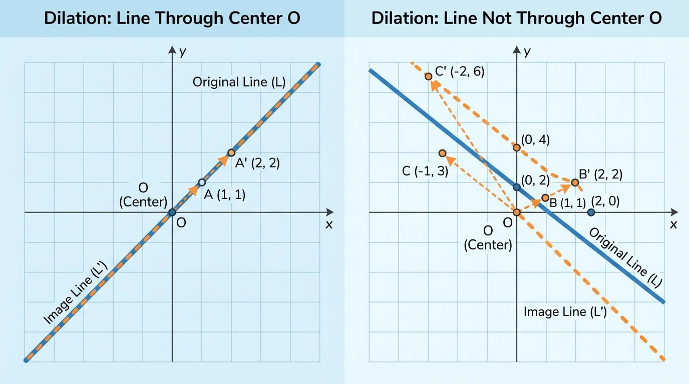 two coordinate-plane panels, left with line through center O and its image on same line, right with line not through O and image as a distinct parallel line