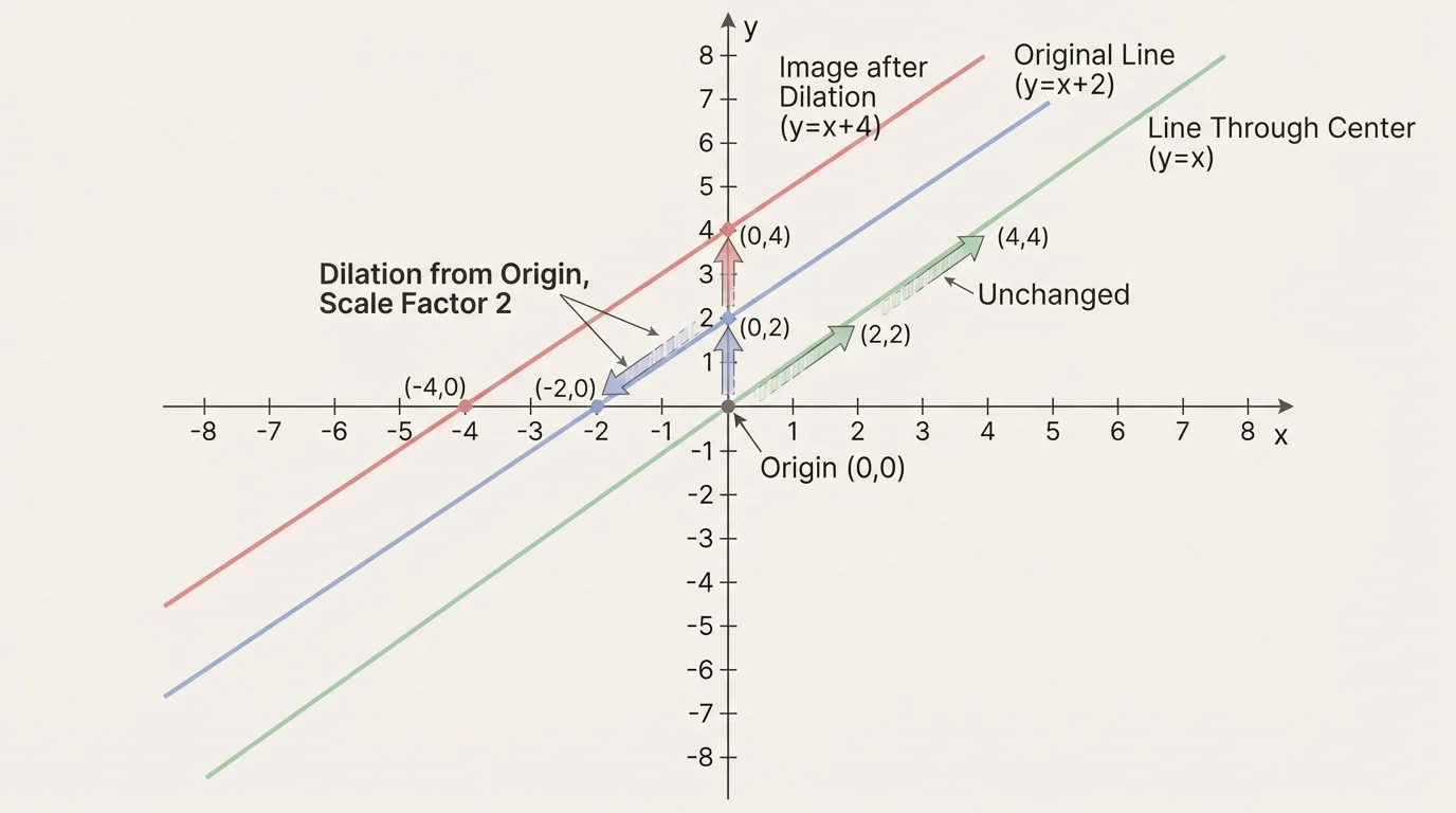 coordinate plane showing line y=x+2 and image line y=x+4 after dilation with scale factor 2 from the origin