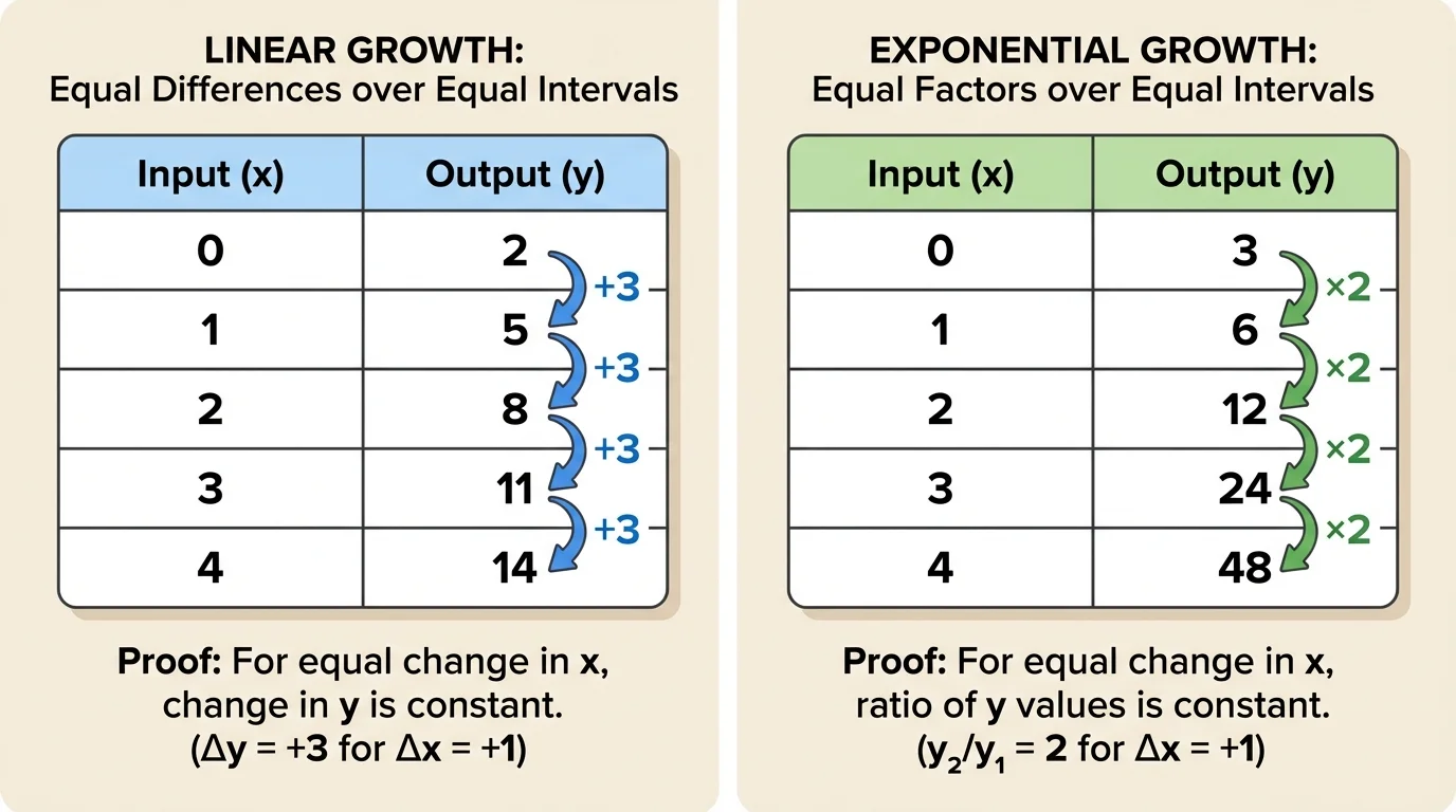 two side-by-side value tables, one linear with outputs increasing by a fixed amount and one exponential with outputs multiplying by a fixed factor