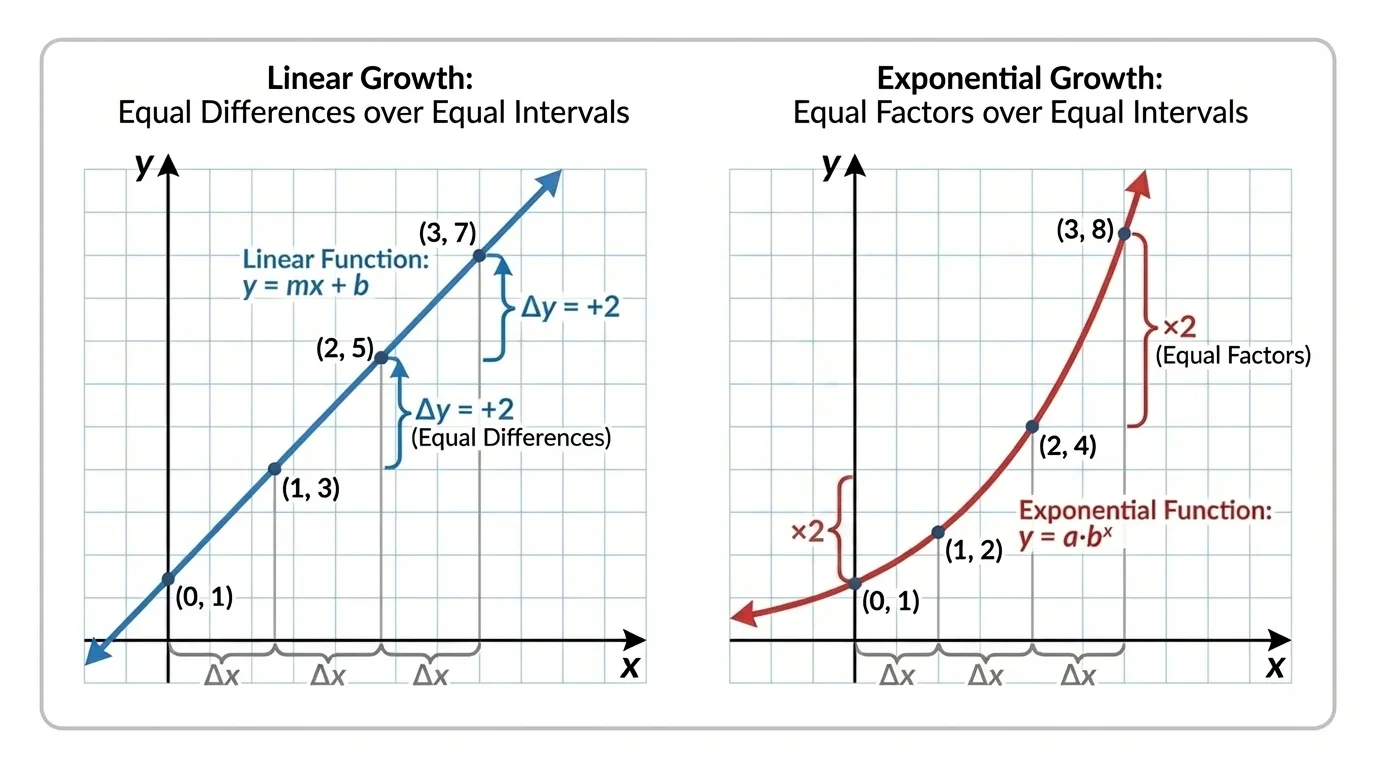 coordinate plane with a straight line and an increasing exponential curve, both labeled with equal horizontal intervals