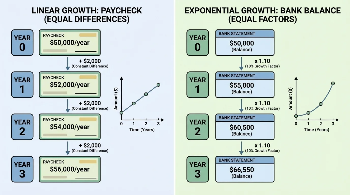 split illustration of paycheck increasing by equal dollar amounts each year and bank balance increasing by a constant percent each year